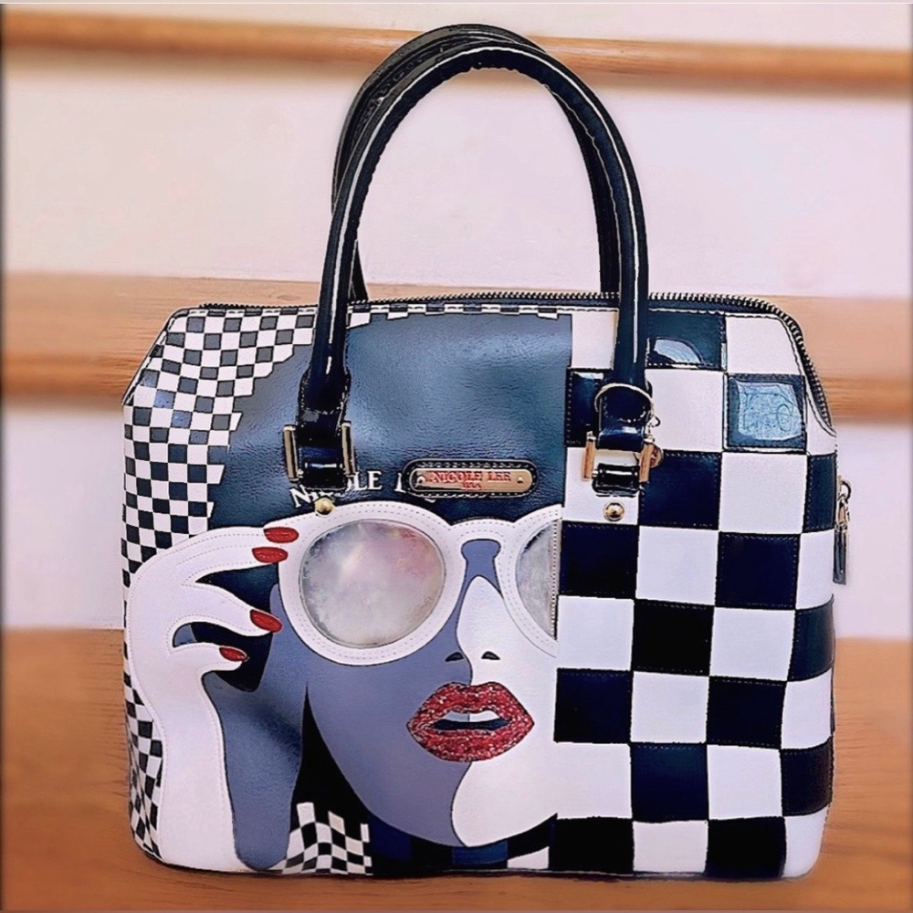Nicole Lee USA Lady in Sunglasses Dome Handbag Black Patent Checkered Purse